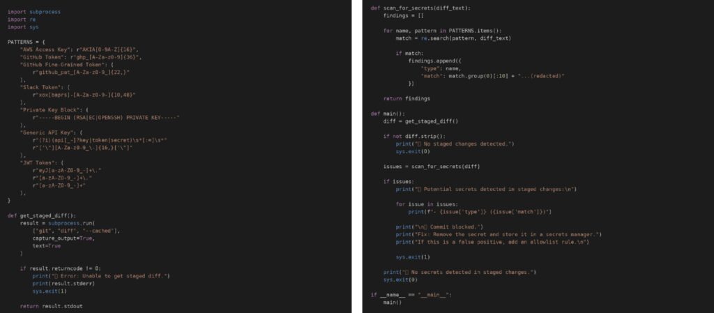 Example: Python staged-change secret detector (full code)